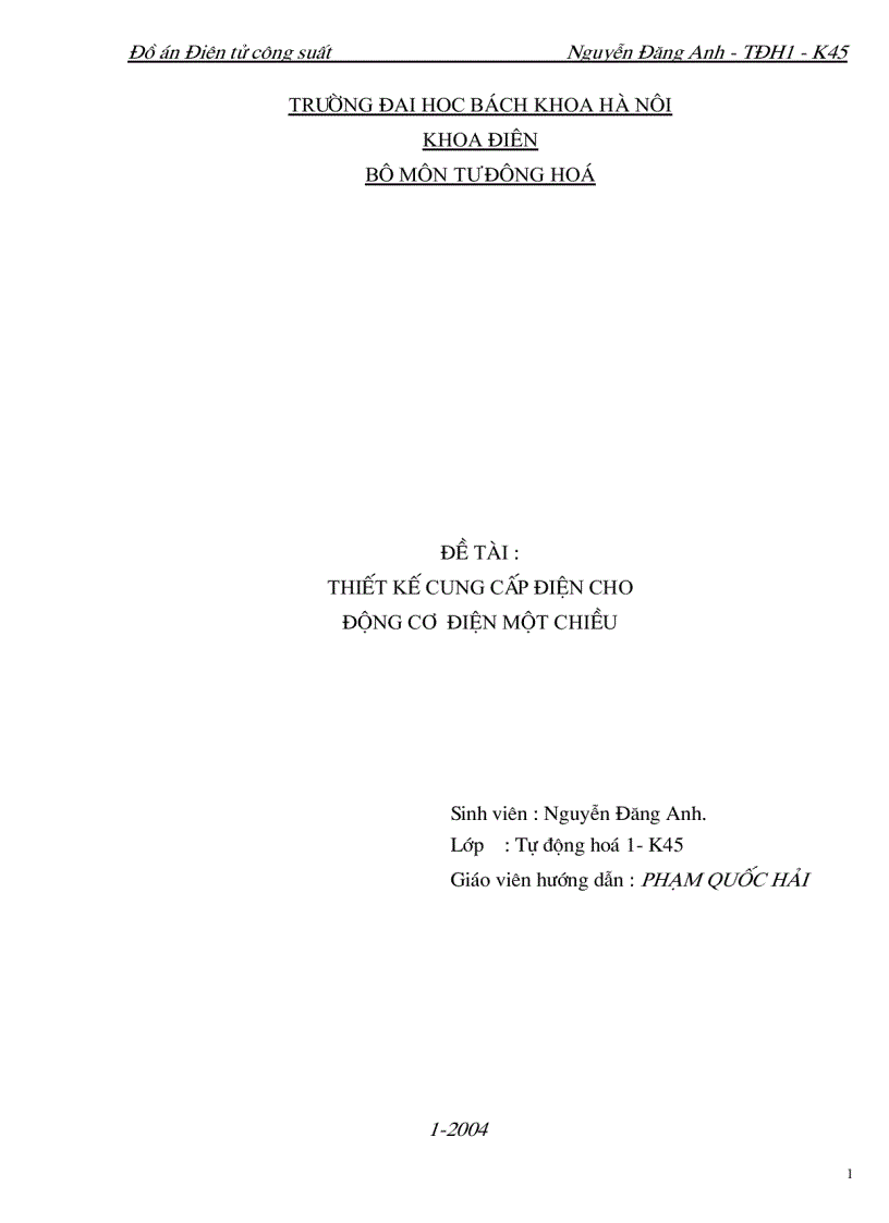 Thiết kế cung cấp điện cho động cơ điện một chiều ĐH bách khoa Hà Nội