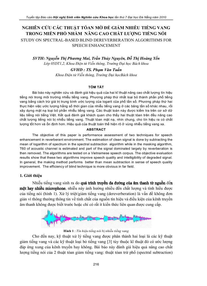 Nghiên cứu các thuật tóan mờ để giảm nhiễu tiếng vang trong miền phổ nhằm nâng cao chất lượng tiếng nói