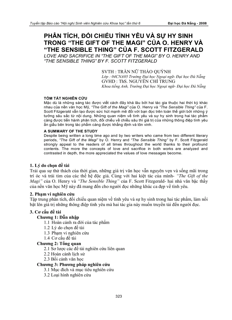 Phân tích đối chiếu tình yêu và sự hy sinh trong the gift of the magi của o Henry và the sensible thing của f Scott fitzgerald