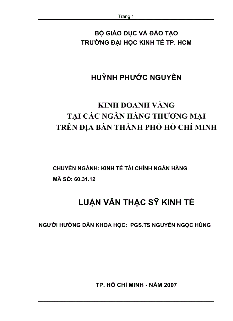 Kinh doanh vàng tại các ngân hàng thương mại trên địa bàn Thành phố Hồ Chí Minh