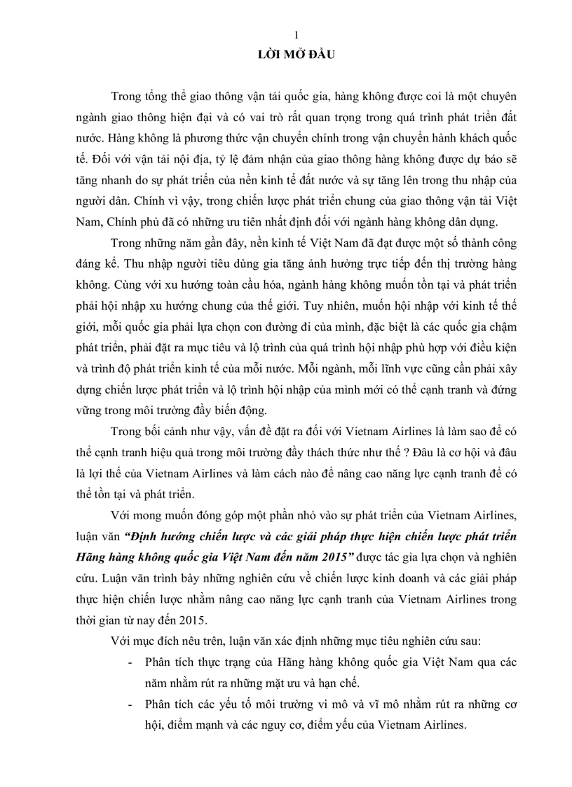 Định hướng chiến lược và các giải pháp thực hiện chiến lược phát triển Hãng hàng không quốc gia Việt Nam đến năm 2015