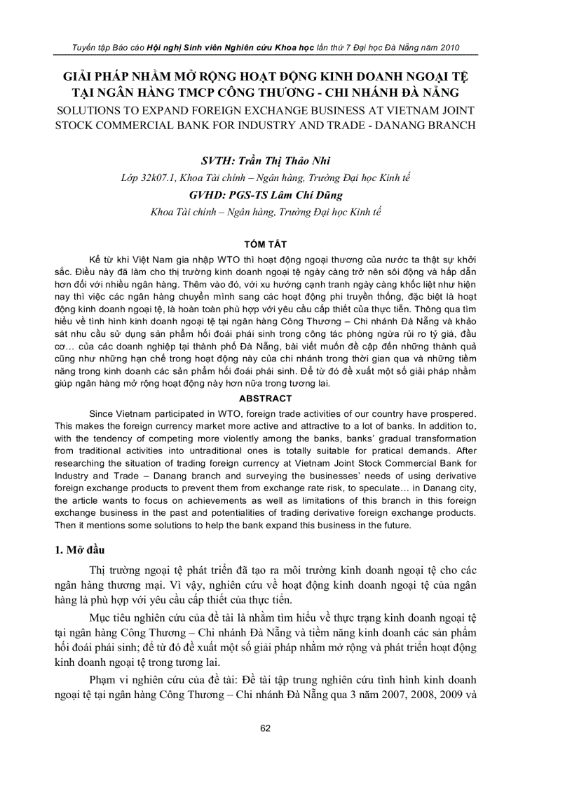 Giải pháp nhằm mở rộng hoạt động kinh doanh ngoại tệ tại ngân hàng tmcp công thương chi nhánh đà nẵng