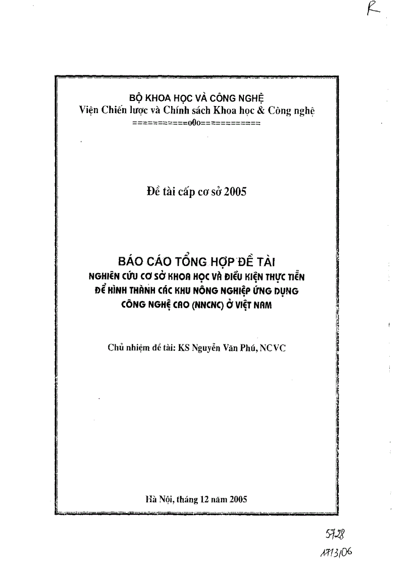 Nghiên cứu cơ sở khoa học và điều kiện thực tiễn để hình thành các khu nông nghiệp ứng dụng công nghệ cao ở Việt Nam