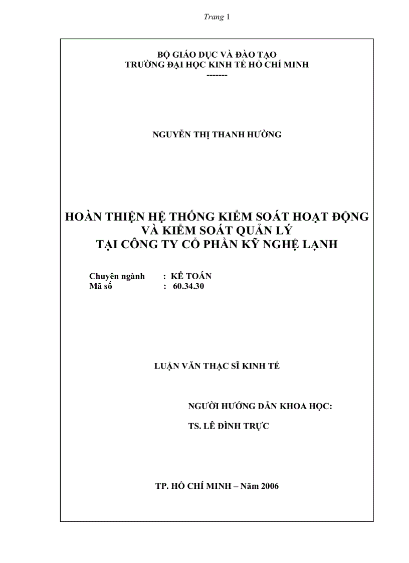 Giải pháp hoàn thiện hệ thống hoạt động và kiểm soát quản lý tại công ty cổ phần kỹ nghệ lạnh