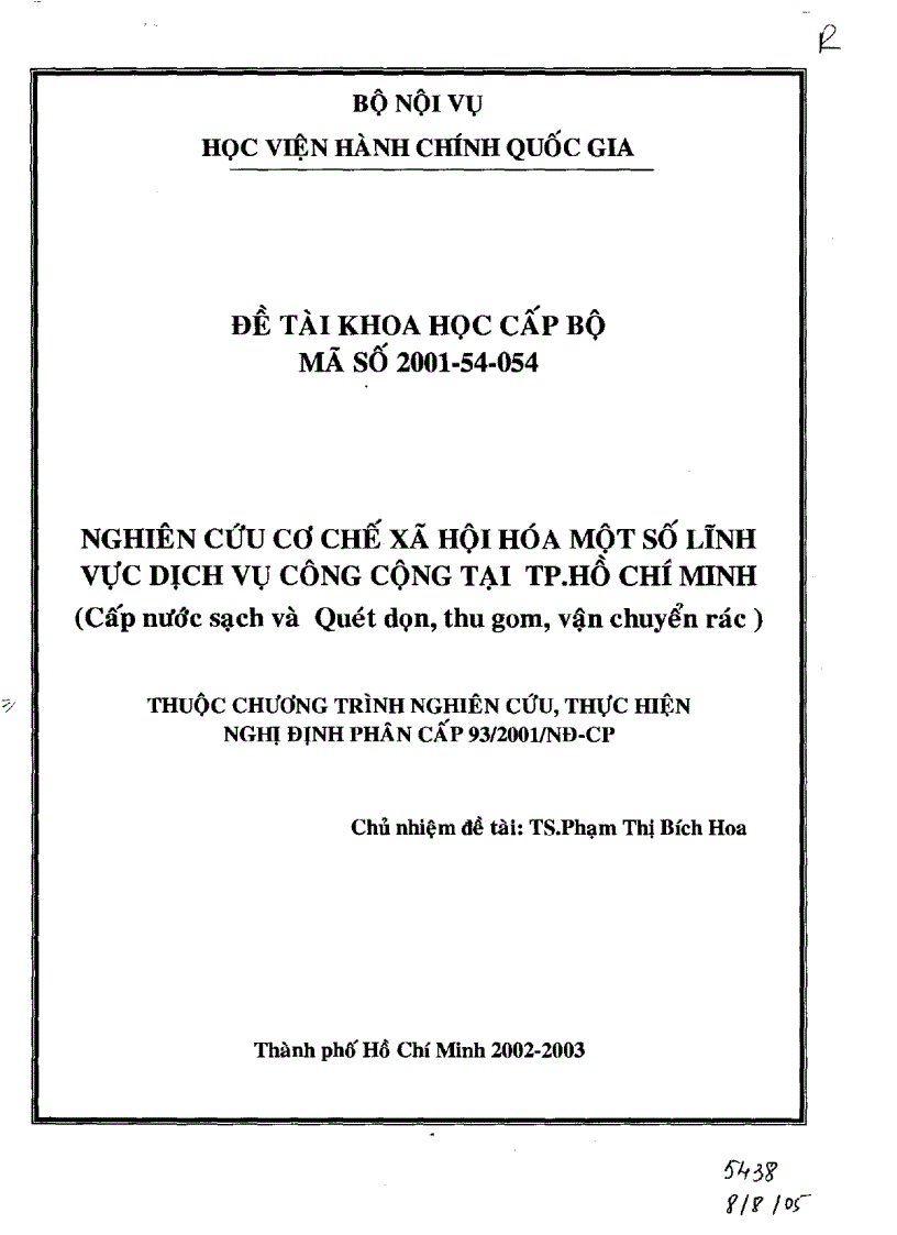 Nghiên cứu cơ chế xã hội hóa một số lĩnh vực dịch vụ công cộng tại TP Hồ Chí Minh