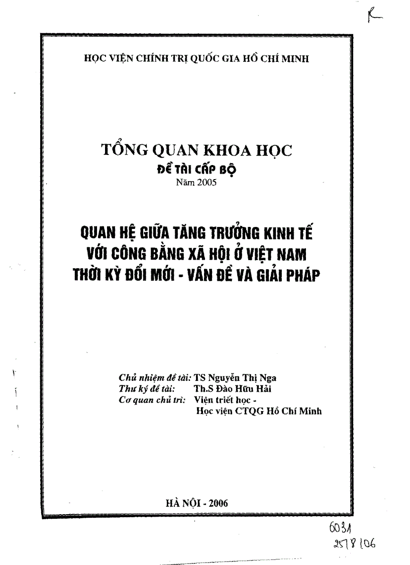 Quan hệ giữa tăng trưởng kinh tế và công bằng xã hội ở Việt Nam thời kỳ đổi mới Vẫn đề và giải pháp