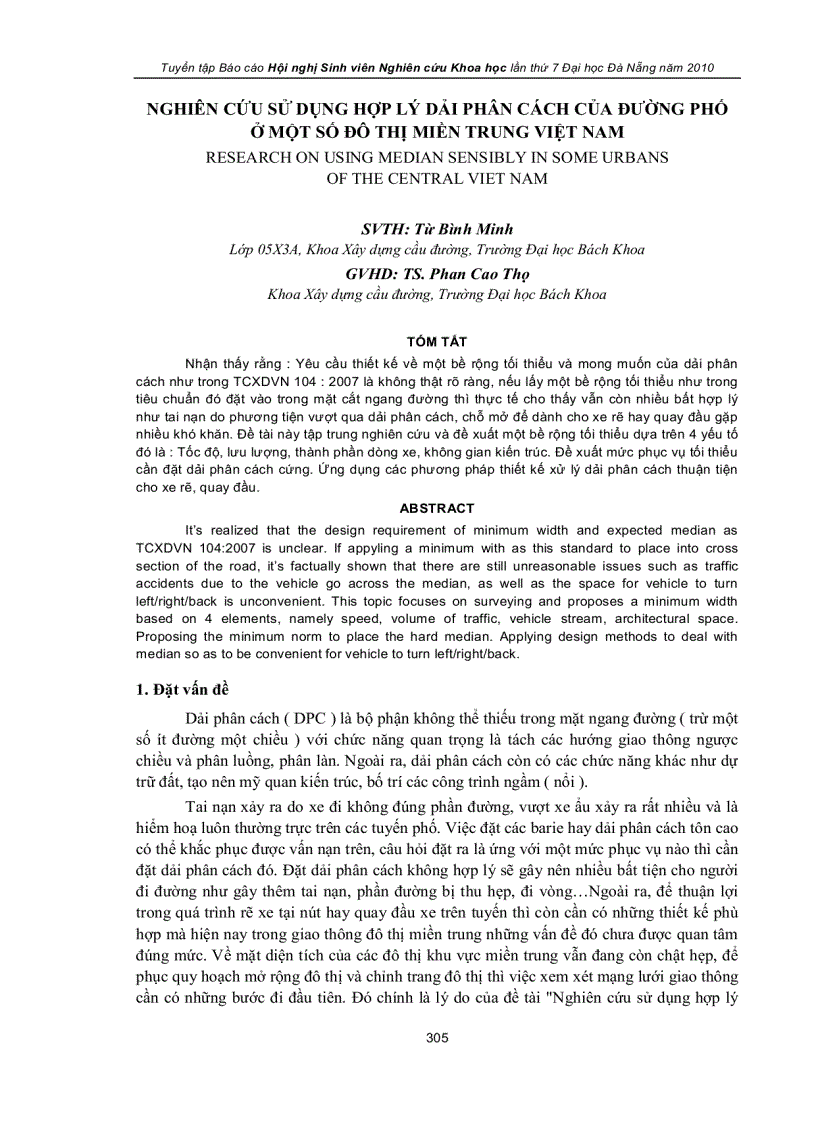 Nghiên cứu sử dụng hợp lý dải phân cách của đường phố ở một số đô thị miền trung việt nam
