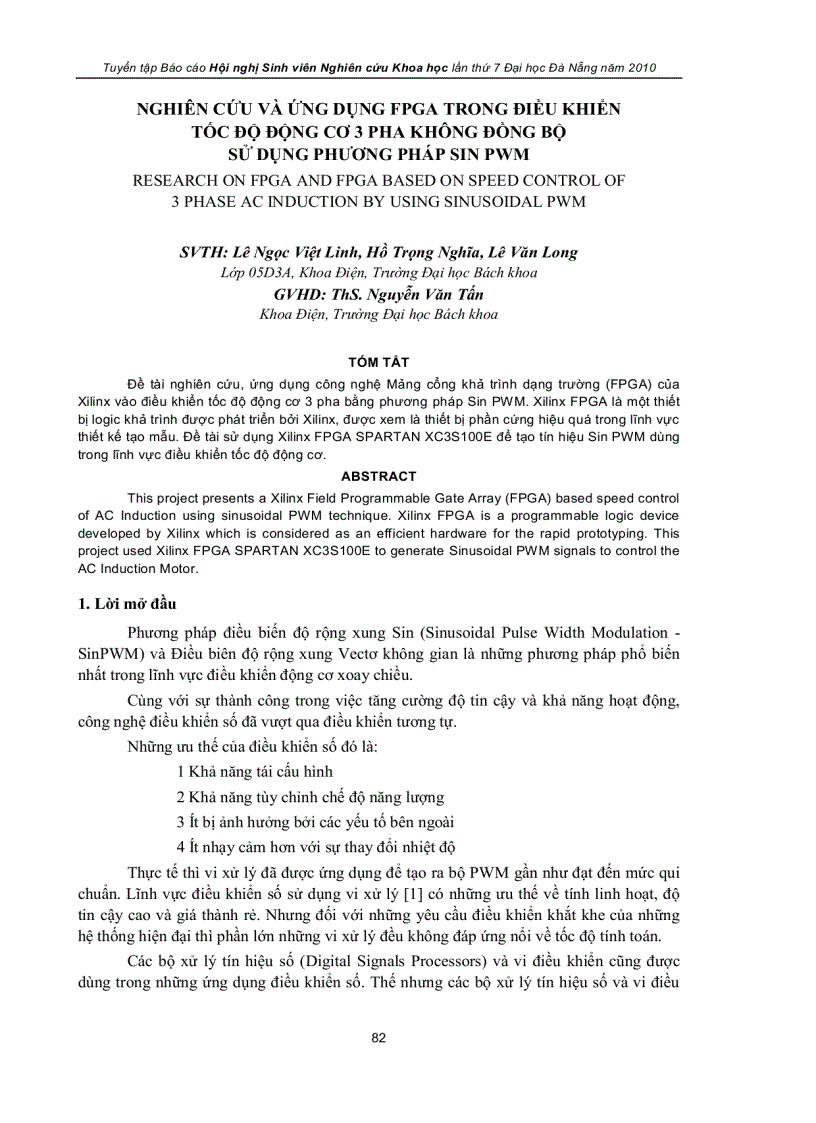 Nghiên cứu và ứng dụng fpga trong điều khiển tốc độ động cơ 3 pha không đồng bộ sử dụng phương pháp sin pwm