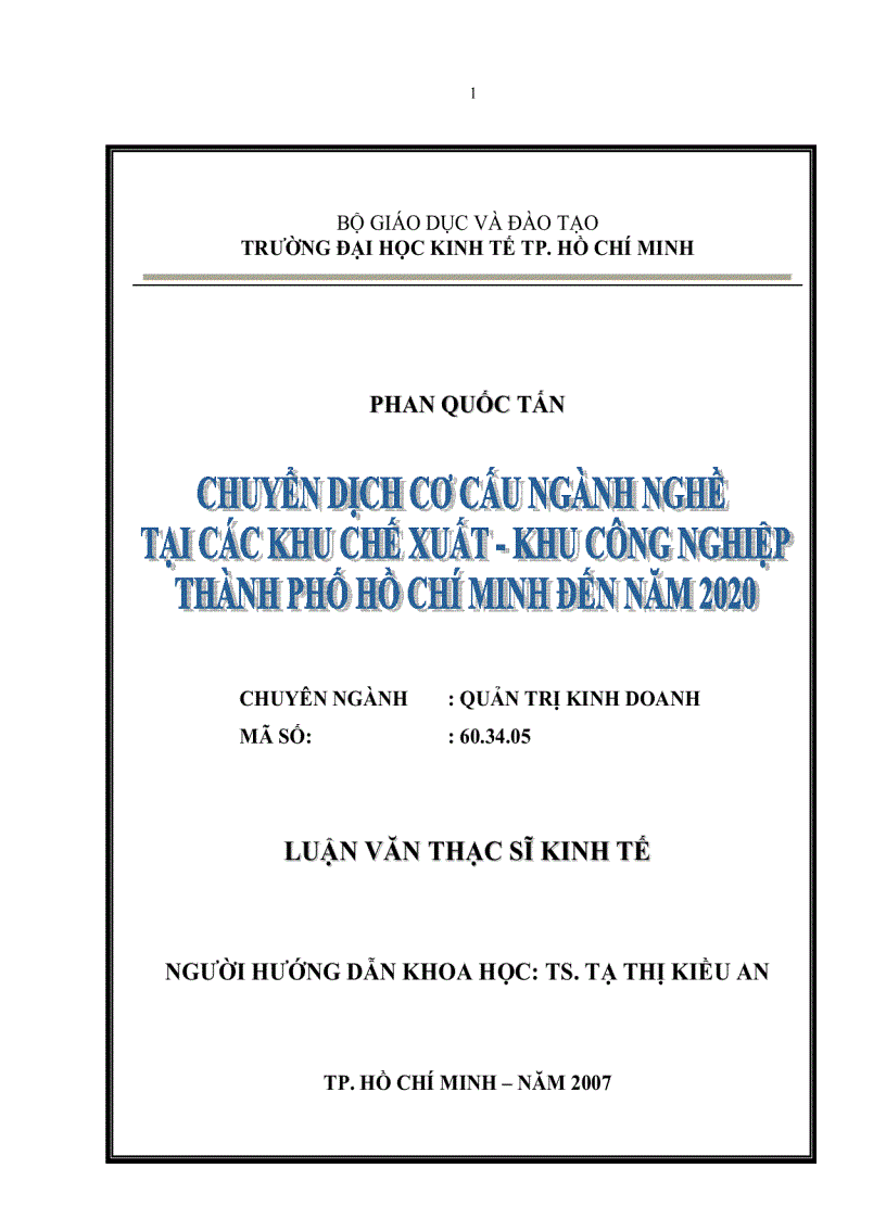 Chuyển dịch cơ cấu ngành nghề tại các Khu chế xuất khu công nghiệp thành phố Hồ Chí Minh đến năm 2020