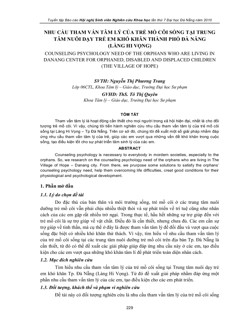 Nhu cầu tham vấn tâm lý của trẻ mồ côi sống tại trung tâm nuôi dạy trẻ em khó khăn thành phố đà nẵng làng hi vọng