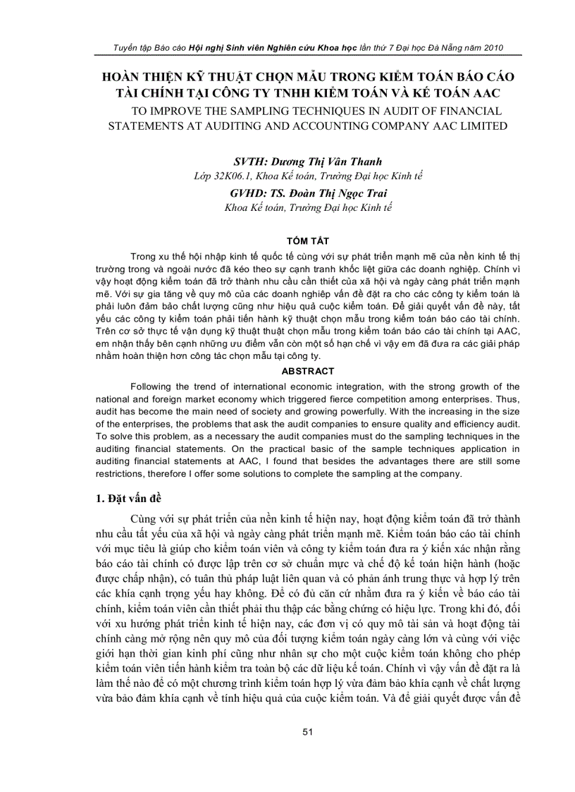 Hoàn thiện kỹ thuật chọn mẫu trong kiểm toán báo cáo tài chính tại công ty tnhh kiểm toán và kế toán aac