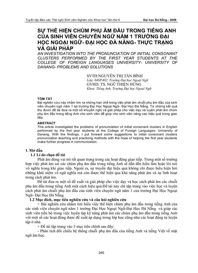 Sự thể hiện chùm phụ âm đầu trong tiếng anh của sinh viên chuyên ngữ năm 1 trường đại học ngoại ngữ đại học đà nẵng thực trạng và giải pháp