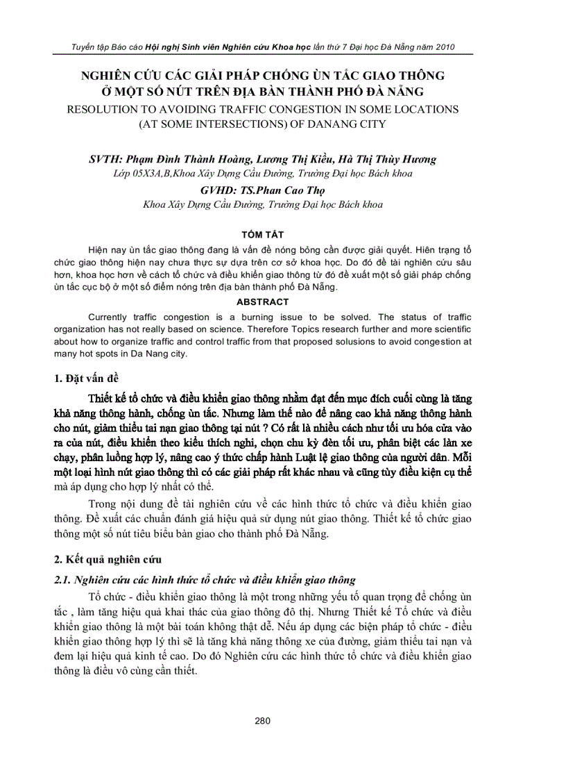Nghiên cứu các giải pháp chống ùn tắc giao thông ở một số nút trên địa bàn thành phố đà nẵng