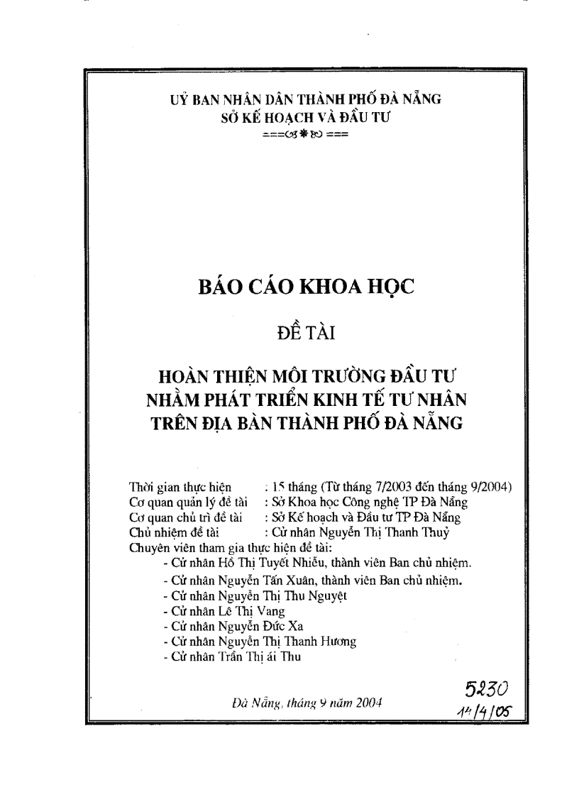 Hoàn thiện môi trường đâu tư nhằm phát triển kinh tế tư nhân trên địa bàn thành phố Đà Nẵng