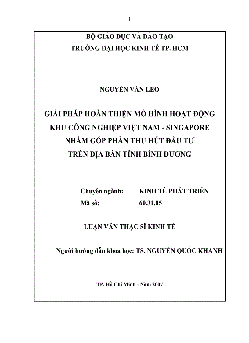 Giải pháp hoàn thiện mô hình hoạt động khu công nghiệp Việt Nam Singapore nhằm góp phần thu hút đầu tư trên địa bàn tỉnh Bình Dương