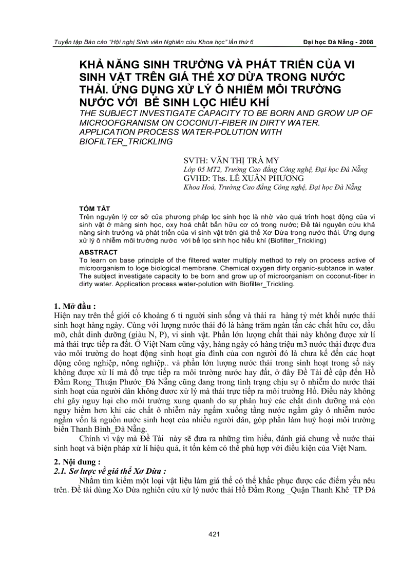 Khả năng sinh trưởng và phát triển của vi sinh vật trên giá thể xơ dừa trong nước thải ứng dụng xử lý ô nhiễm môi trường nước với bể sinh lọc hiếu khí