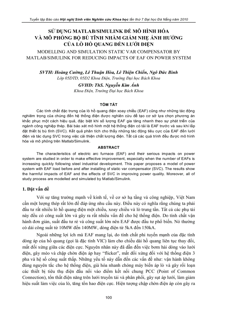Sử dụng matlab simulink để mô hình hóa và mô phỏng bộ bù tĩnh nhằm giảm nhẹ ảnh hưởng của lõ hồ quang đến lưới điện