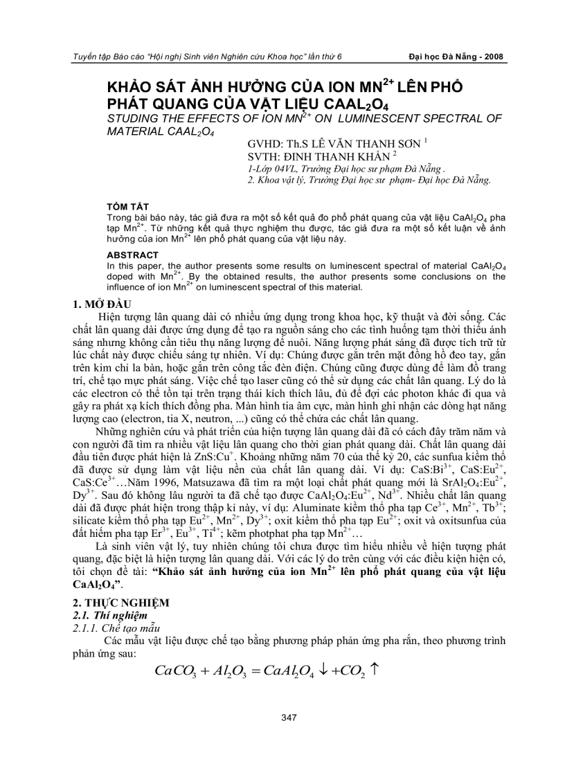 KHẢO SÁT ẢNH HƯỞNG CỦA ION MN2 LÊN PHỔ PHÁT QUANG CỦA VẬT LIỆU CaAL2O4