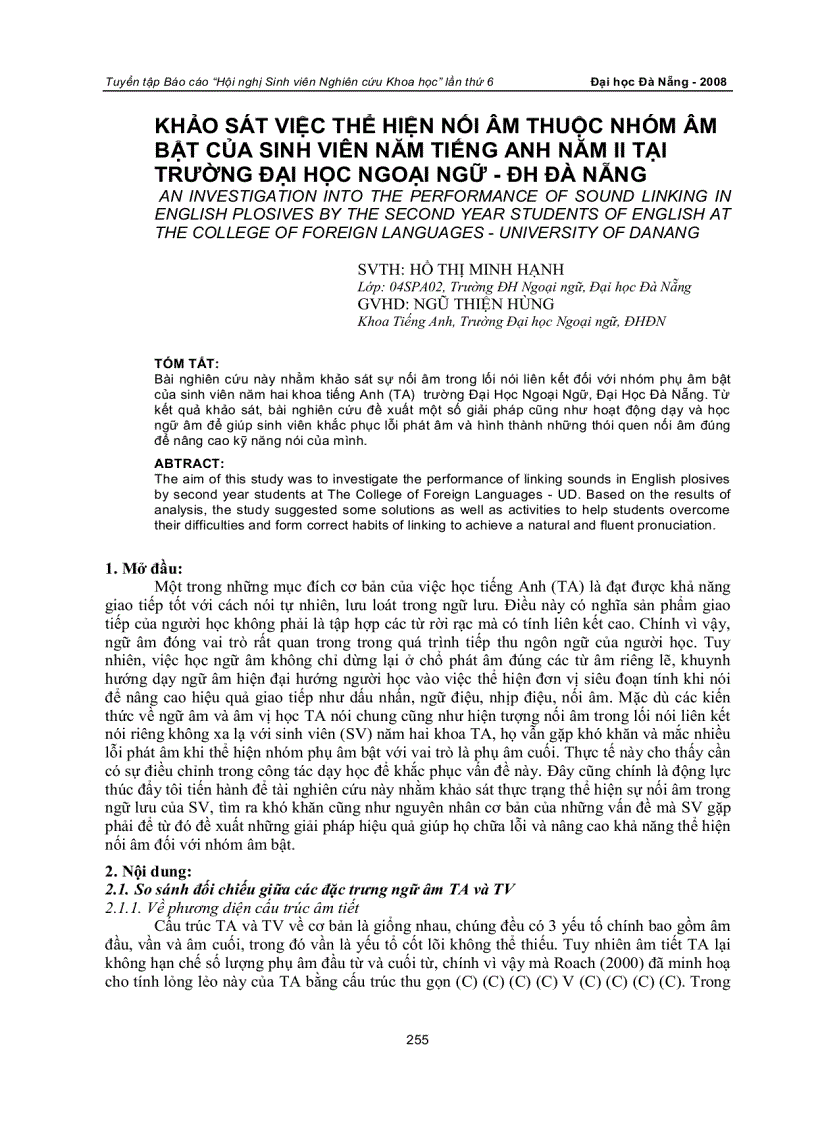 Khảo sát việc thể hiện nối âm thuộc nhóm âm bật của sinh viên năm tiếng anh năm ii tại trường đại học ngoại ngữ đh đà nẵng