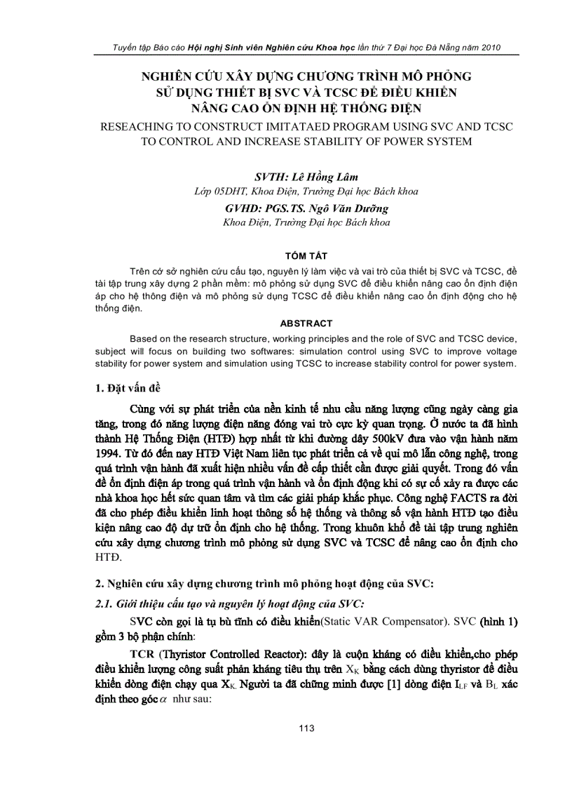 Nghiên cứu xây dựng chương trình mô phỏng sử dụng thiết bị svc và tcsc để điều khiển nâng cao ổn định hệ thống điện