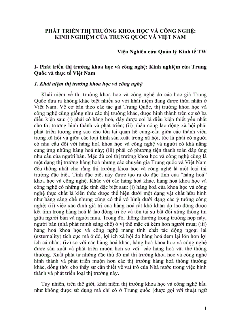 Phát triển thị trường khoa học công nghê Kinh nghiệm của Trung Quốc và Việt Nam