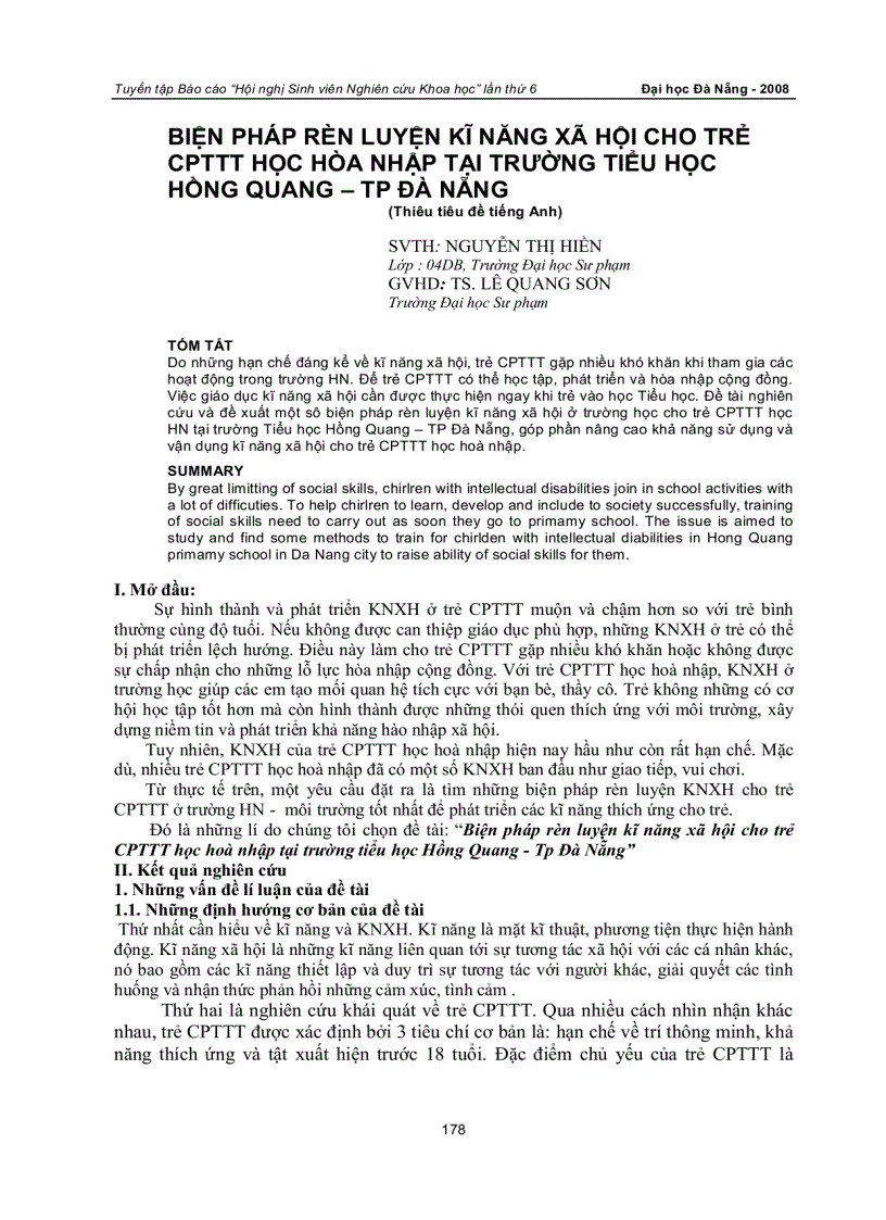 Biện pháp rèn luyện kĩ năng xã hội cho trẻ CPTTT học hoà nhập tại trường tiểu học Hồng Quang Tp Đà Nẵng