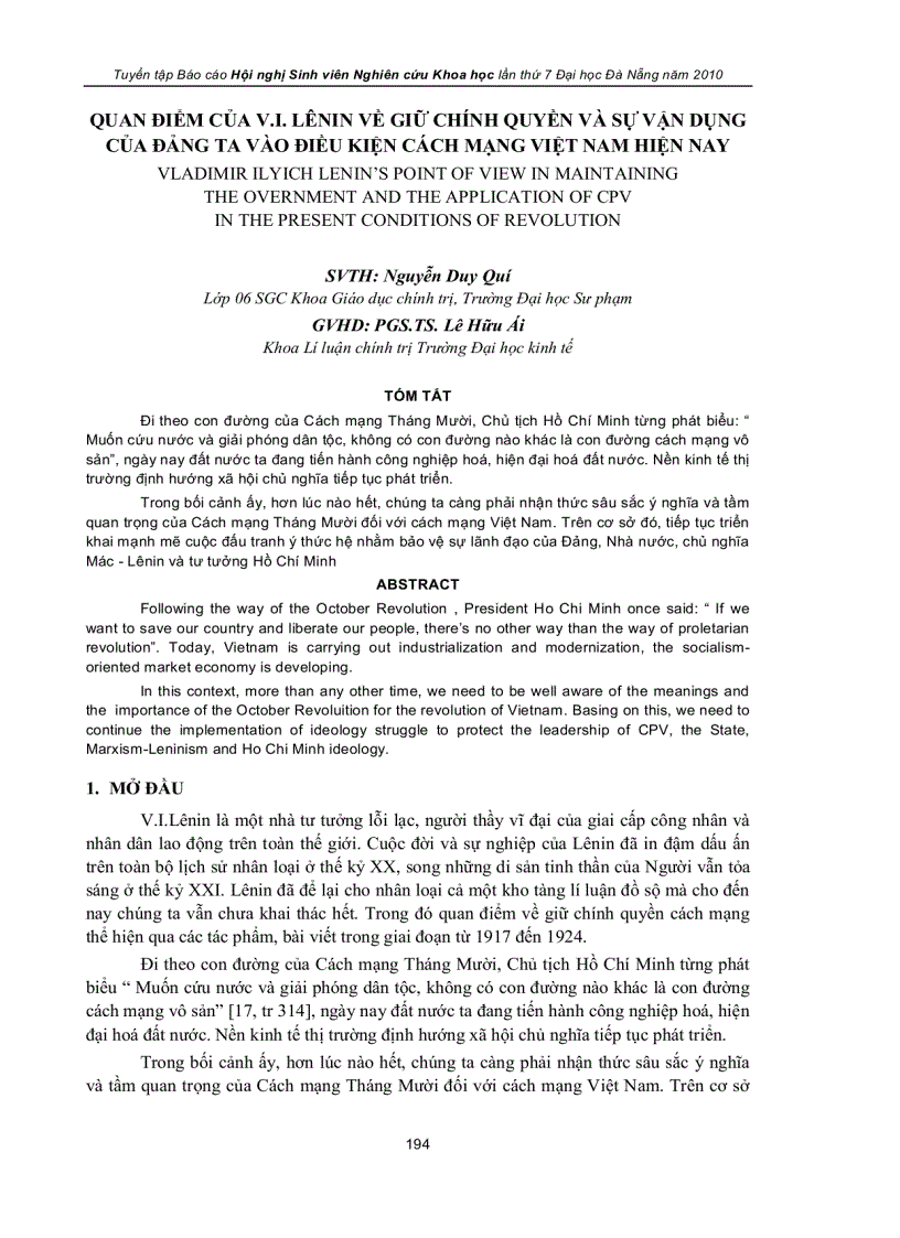 Quan điểm của v i Lênin về giữ chính quyền và sự vận dụng của đảng ta vào điều kiện cách mạng việt nam hiện nay