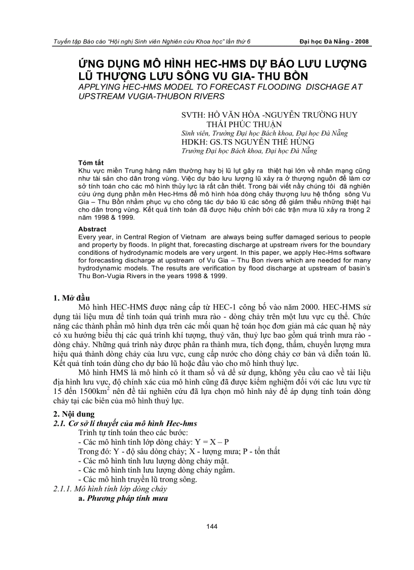 Ứng dụng mô hình hec hms dự báo lưu lượng lũ thượng lưu sông vu gia thu bồn
