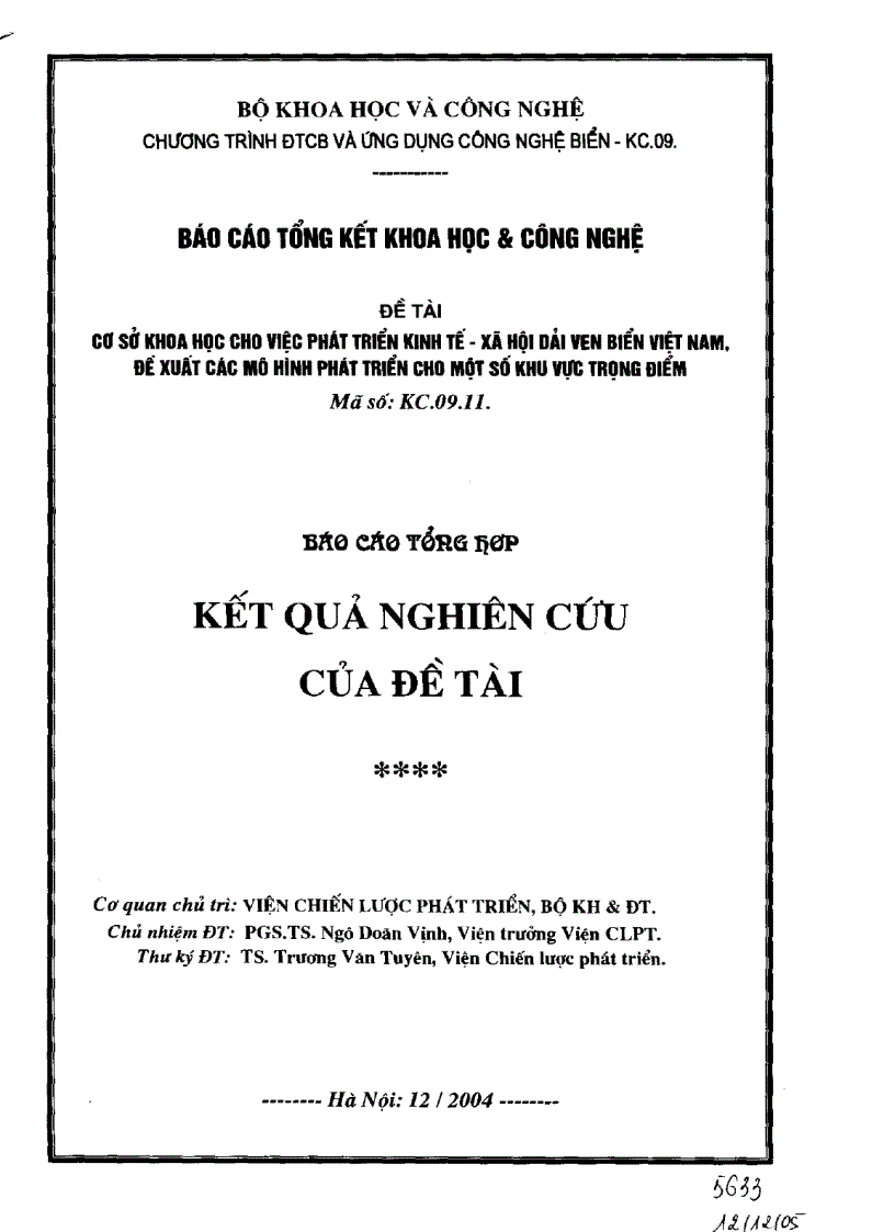 Cơ sở khoa học cho việc phát triển kinh tế xã hội dải ven biển Việt Nam Đề xuất các mô hình phát triển cho một số khu vực trọng điểm