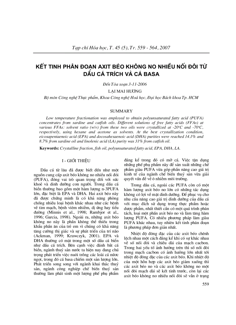 Kết tinh phân đoạn axit béo không no nhiều nối đôi từ dầu cá trích và cá basa