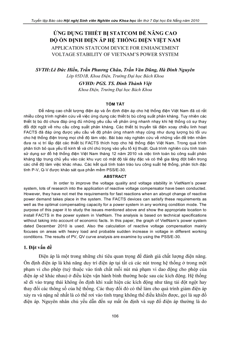 Ứng dụng thiết bị statcom để nâng cao độ ổn định điện áp hệ thống điện việt nam