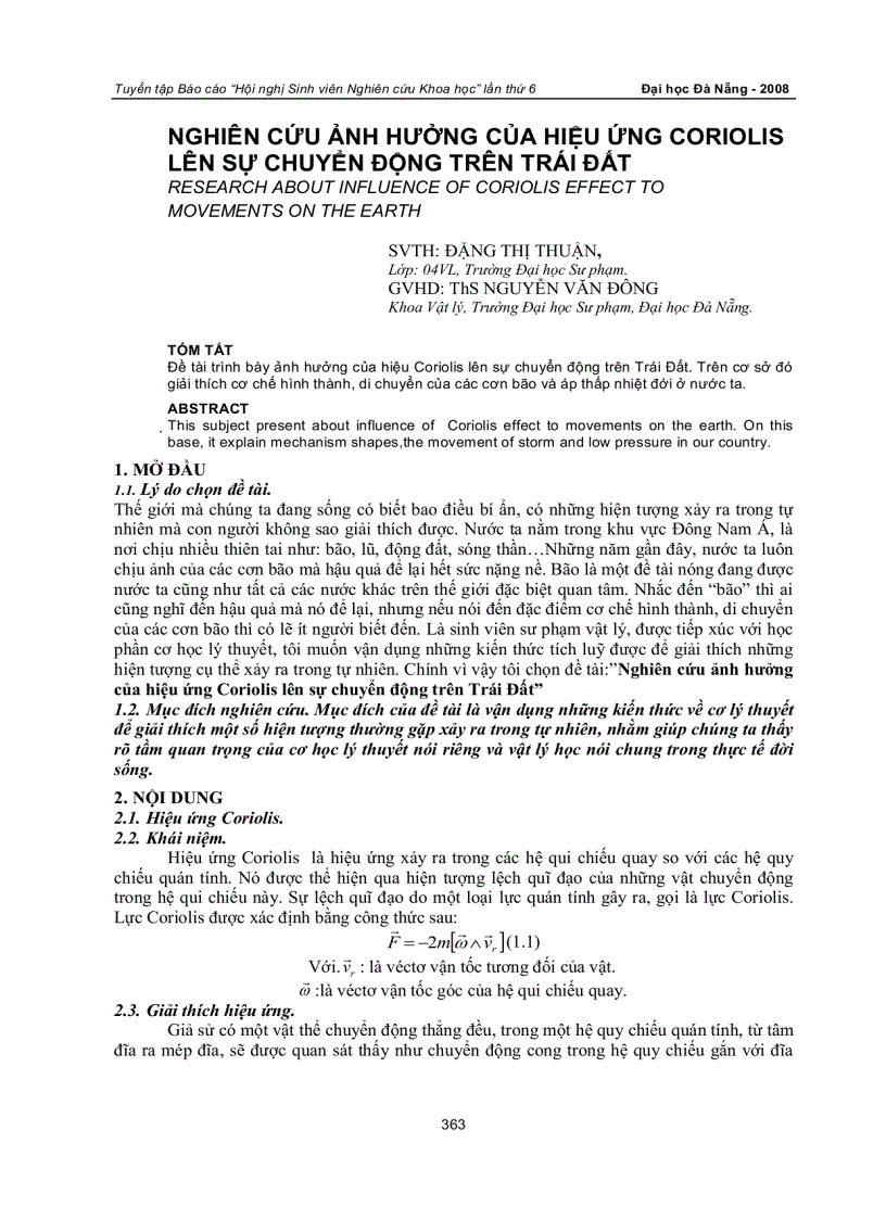 Nghiên cứu ảnh hưởng của hiệu ứng coriolis lên sự chuyển động trên trái đất