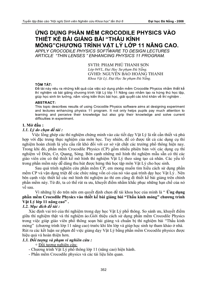 Ứng dụng phần mềm crocodile physics vào thiết kế bài giảng bài thấu kính mỏng chương trình vật lý lớp 11 nâng cao