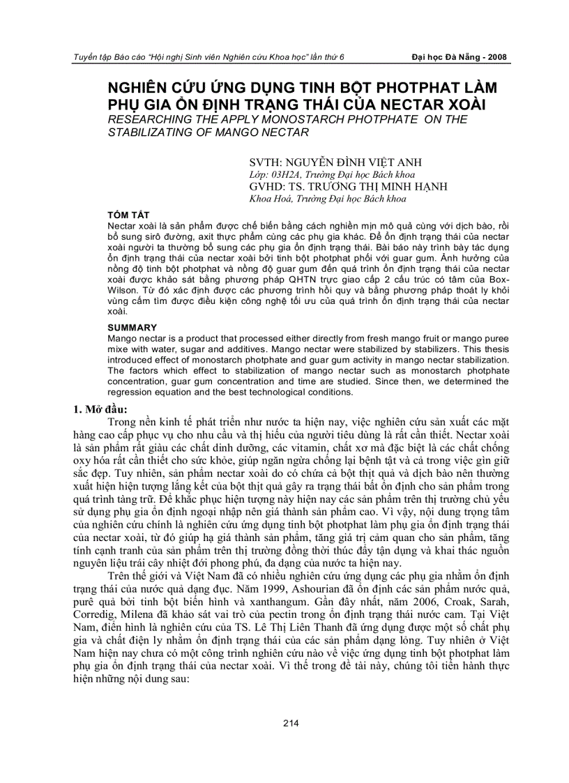 Nghiên cứu ứng dụng tinh bột photphat làm phụ gia ổn định trạng thái của nectar xoài