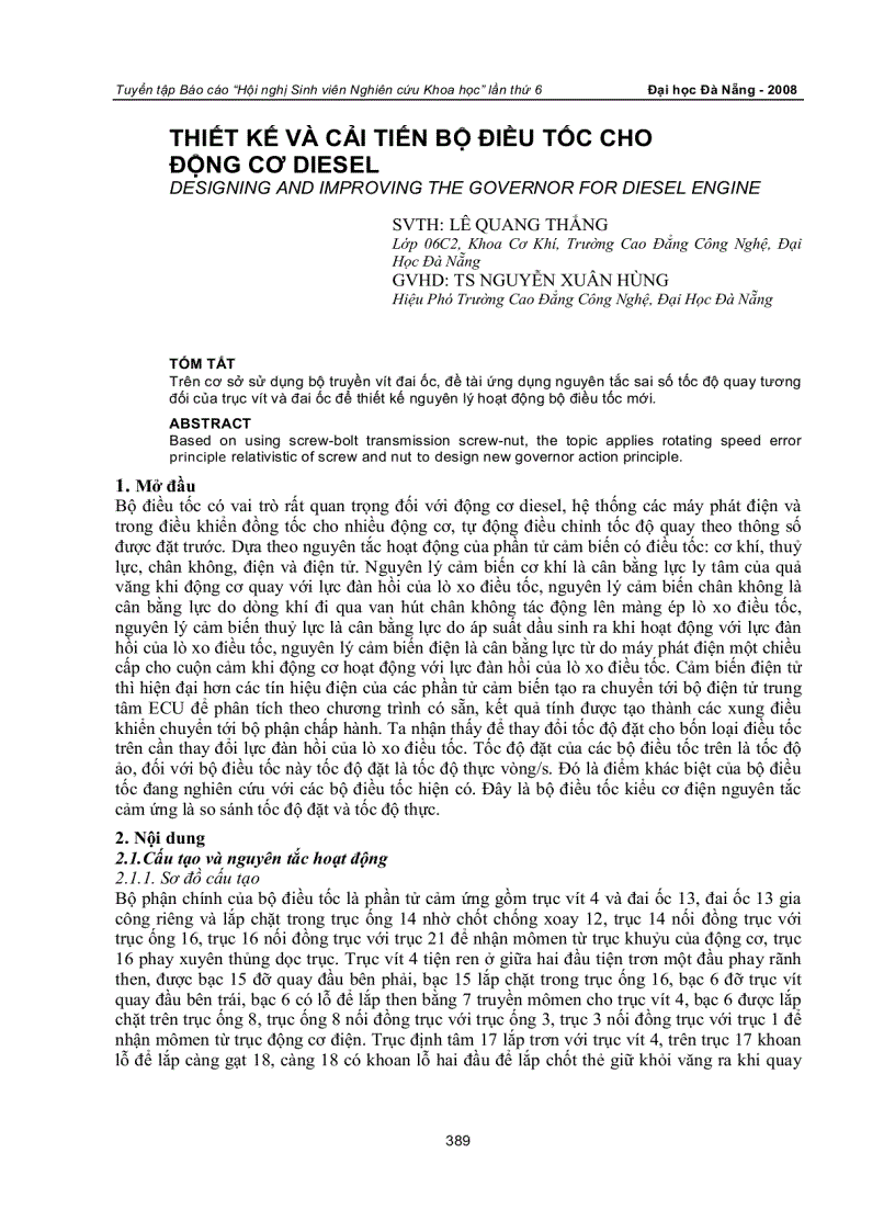 Thiết kế và cải tiến bộ điều tốc cho động cơ diesel