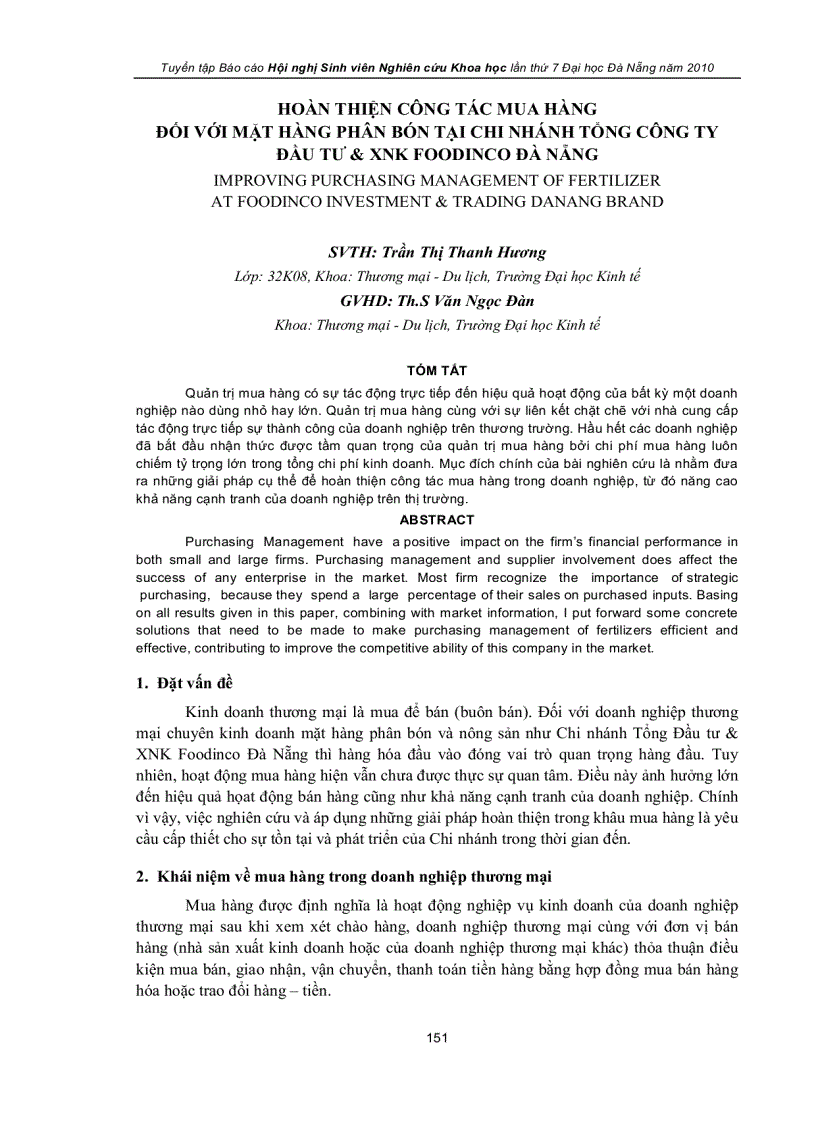 Hoàn thiện công tác mua hàng đối với mặt hàng phân bón tại chi nhánh tổng công ty đầu tư xnk foodinco đà nẵng