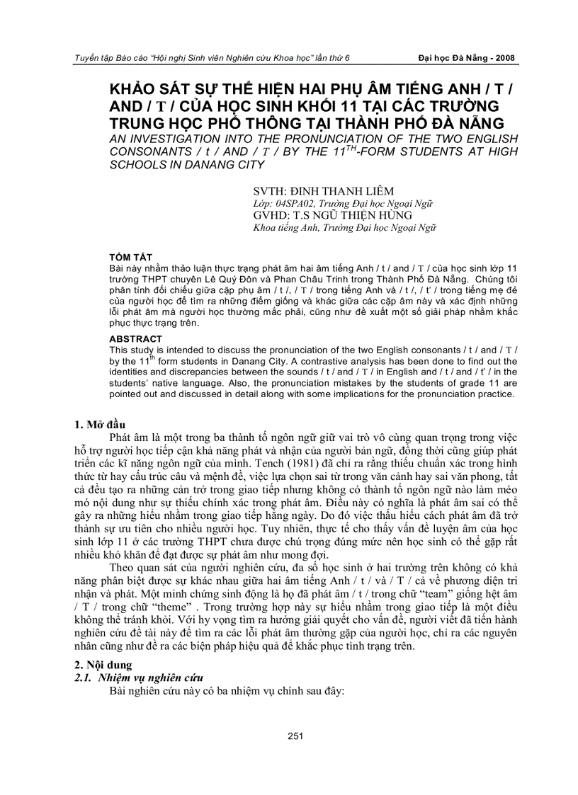 Khảo sát sự thể hiện hai phụ âm tiếng anh t and t của học sinh khối 11 tại các trường trung học phổ thông tại thành phố đà nẵng