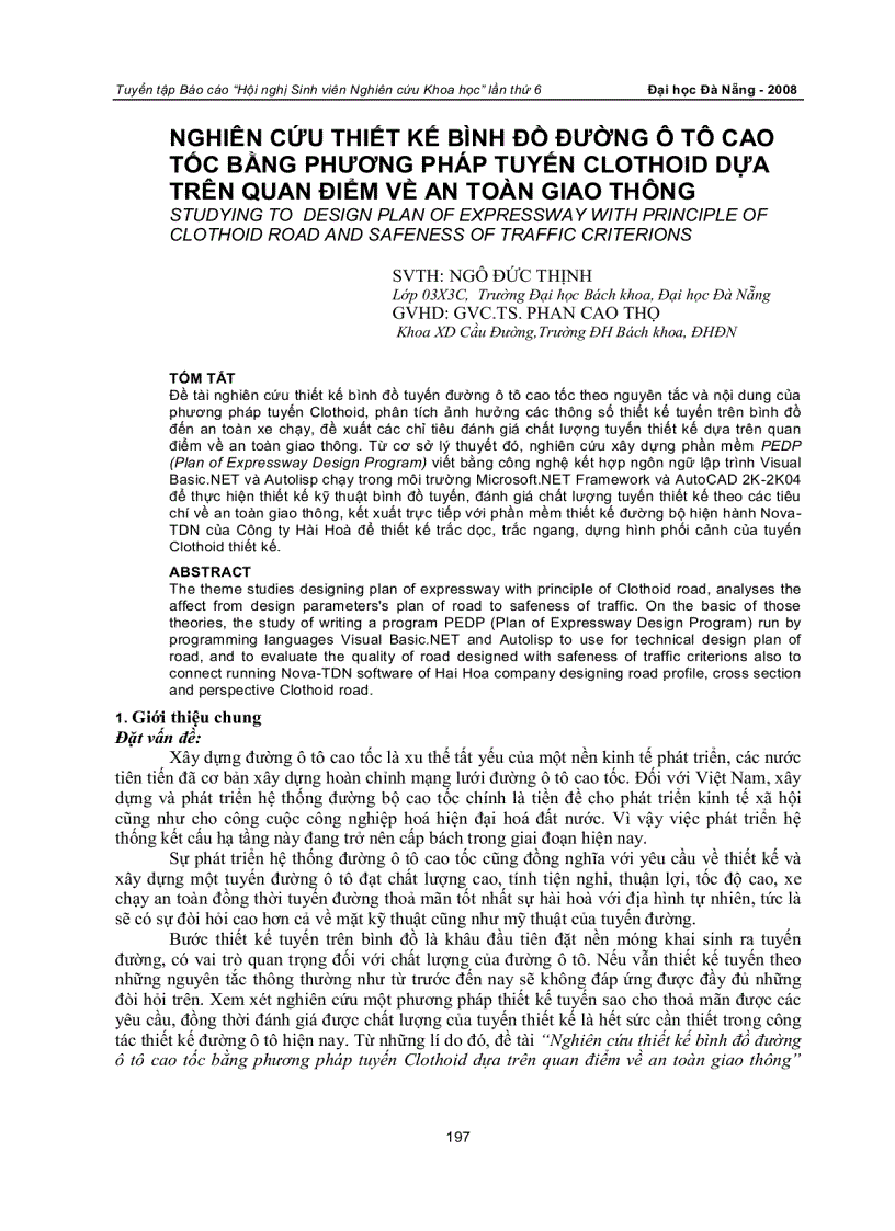 Nghiên cứu thiết kế bình đồ đường ô tô cao tốc bằng phương pháp tuyến clothoid dựa trên quan điểm về an toàn giao thông