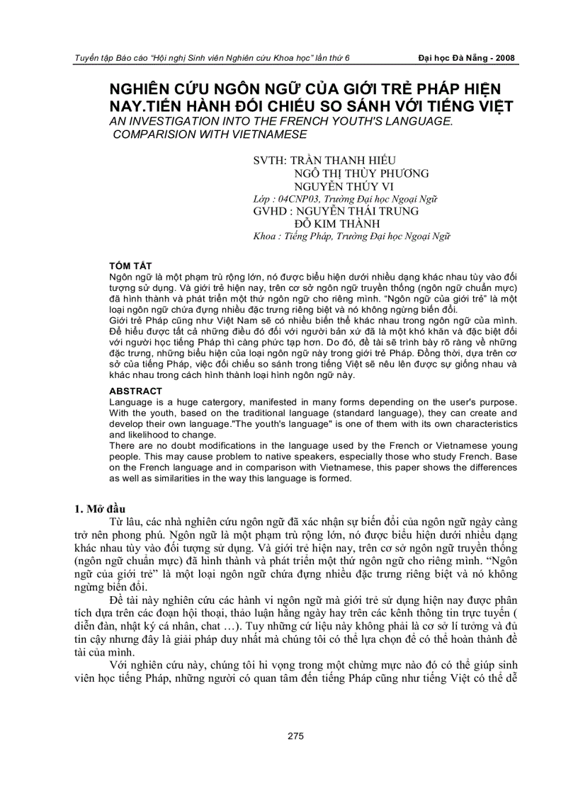Nghiên cứu ngôn ngữ của giới trẻ pháp hiện nay tiến hành đối chiếu so sánh với tiếng việt