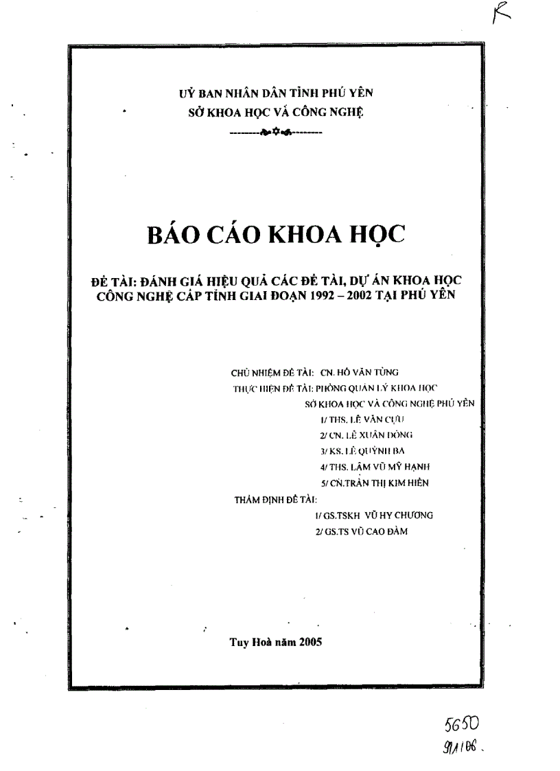 Đánh giá hiệu quả các đề tài dự án khoa học công nghệ cấp tỉnh giai đoạn 1992 2002 tại Phú Yên