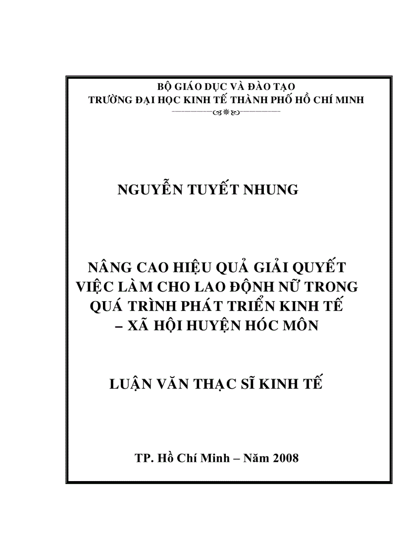 Giải pháp nhằm nâng cao hiệu quả giải quyết việc làm cho lao động nữ trong quá trình phát triển kinh tế xã hội huyện hóc môn