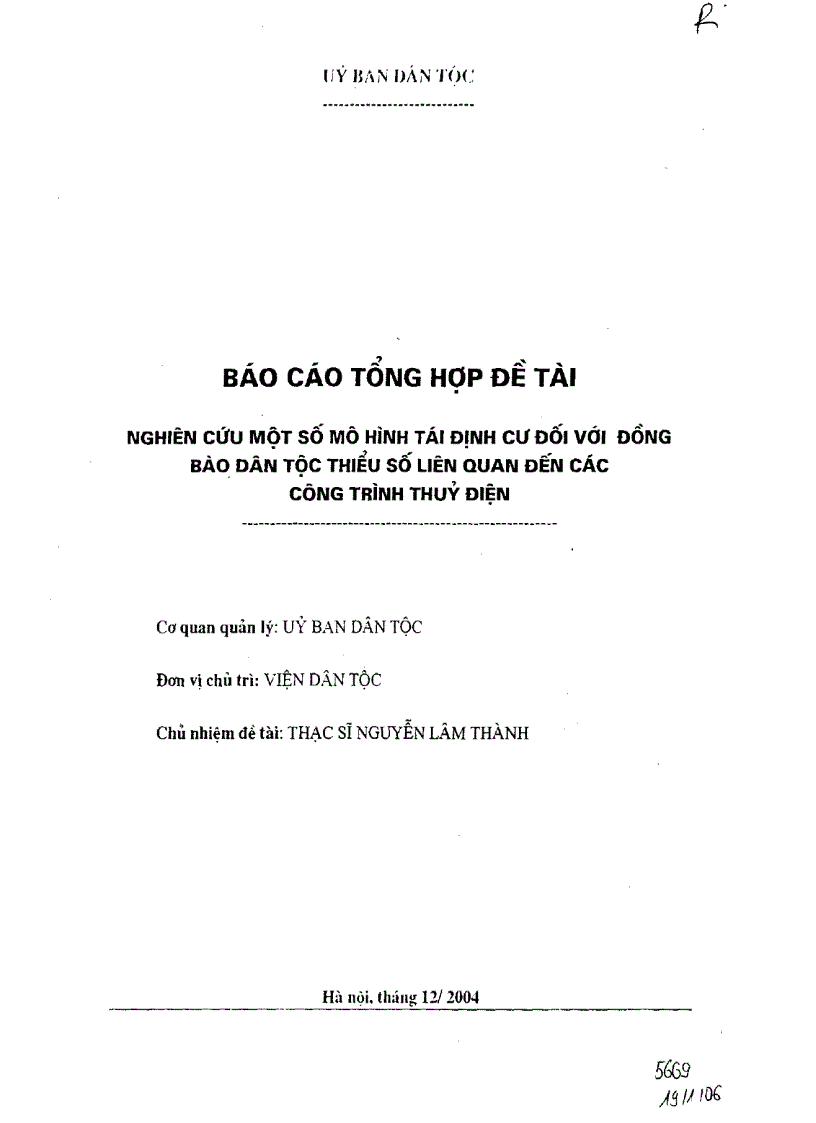 Nghiên cứu một số mô hình tái định cư đối với đồng bào dân tộc tiểu số liên quan tới các công trình thủy điện