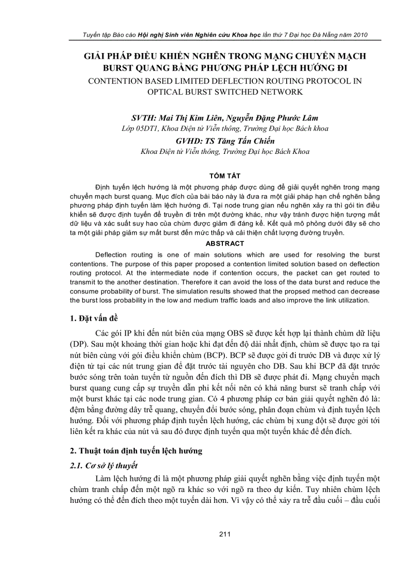Giải pháp điều khiển nghẽn trong mạng chuyển mạch burst quang bằng phương pháp lệch hướng đi
