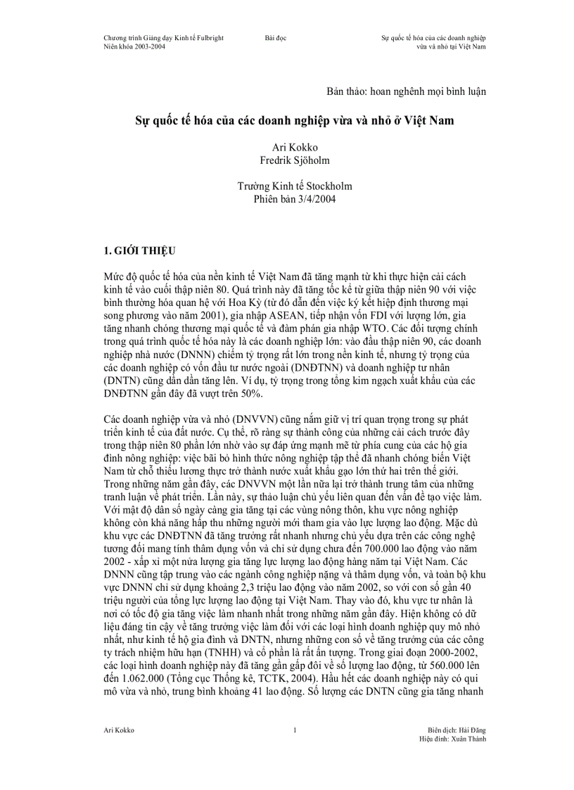 Sự quốc tế hóa của các doanh nghiệp vừa và nhỏ ở Việt Nam