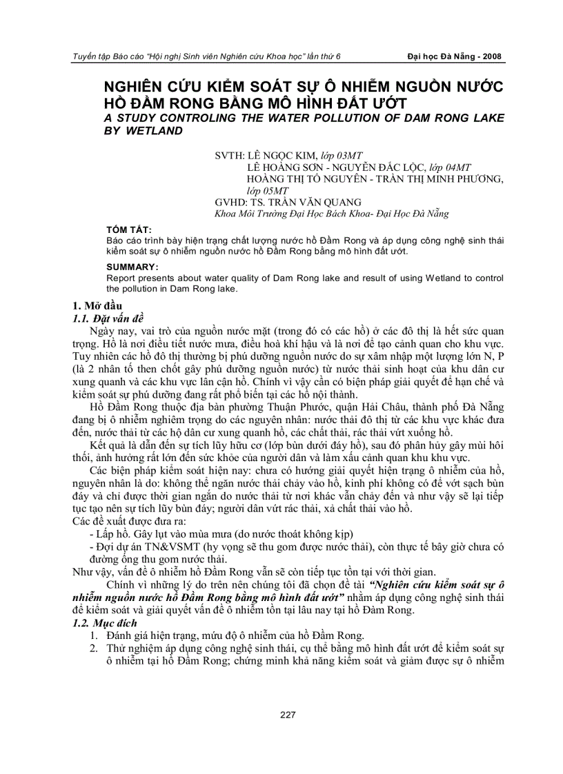 Nghiên cứu kiểm soát sự ô nhiễm nguồn nước hồ đầm rong bằng mô hình đất ướt