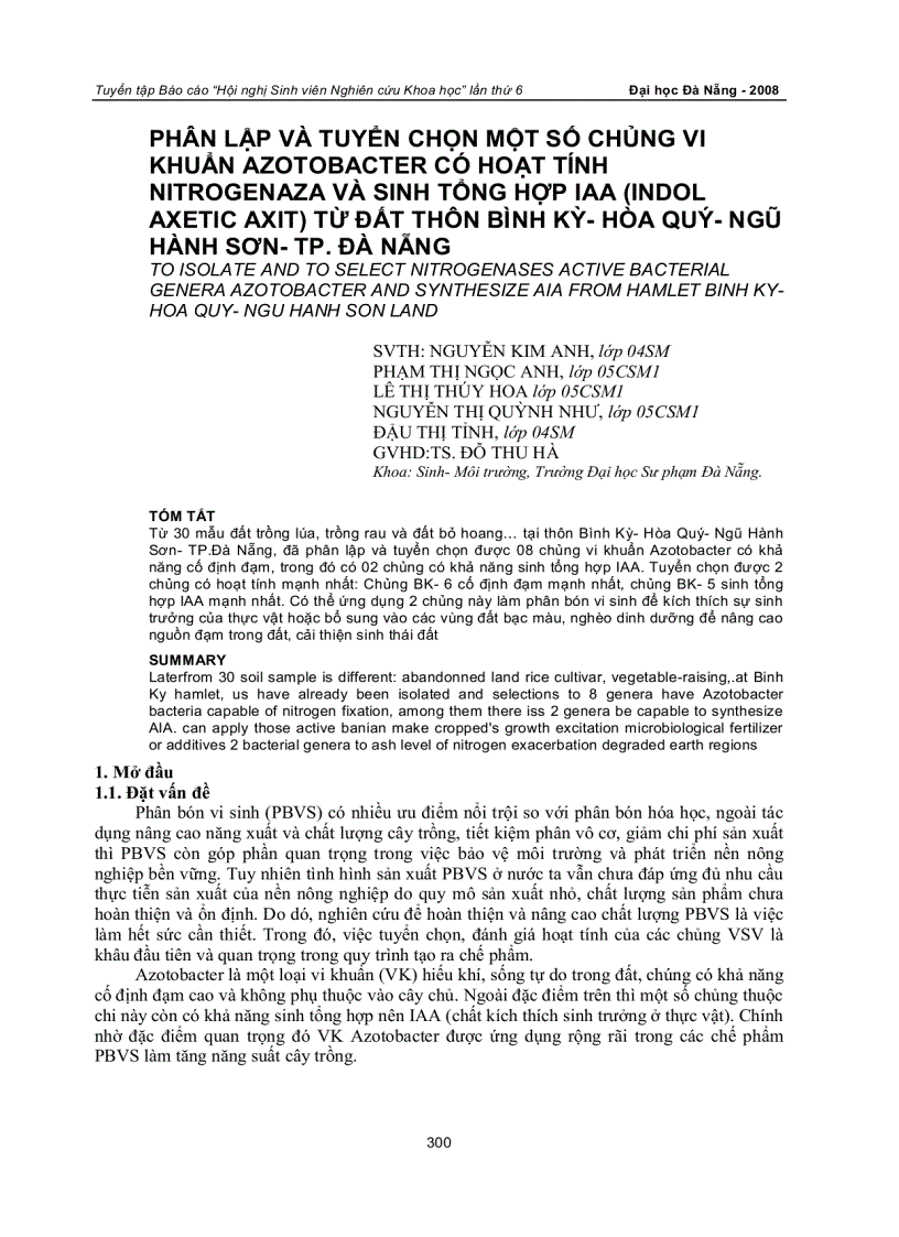 Phân lập và tuyển chọn một số chủng VK Azotobacter có hoạt tính Nitrogenaza và sinh tổng hợp IAA từ đất thôn Bình Kỳ Hòa Quý Ngũ Hành Sơn TP Đà Nẵng