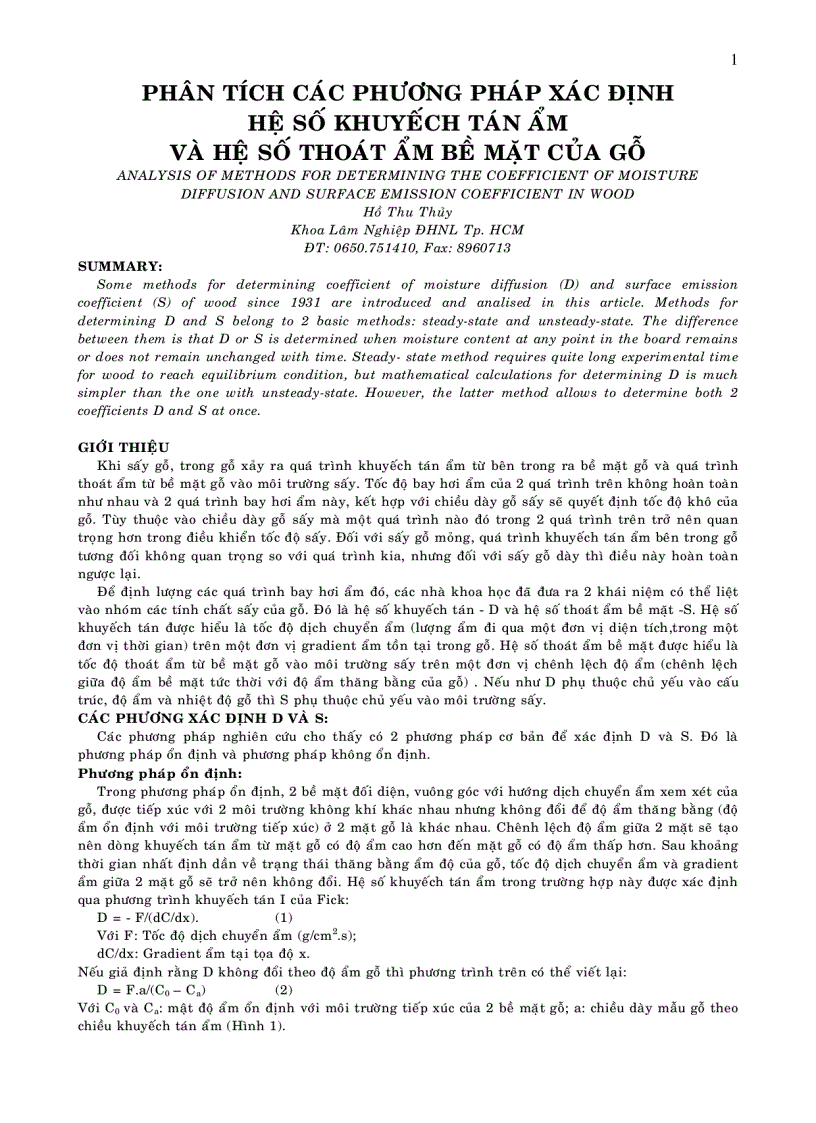 Phân tích các phương pháp xác định hệ số khuyếch tán ẩm và hệ số thoát ẩm bề mặt của gỗ