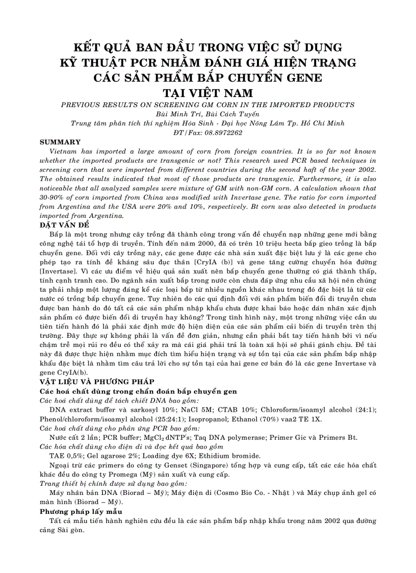 Kết quả ban đầu trong việc sử dụng kỹ thuật pcr nhằm đánh giá hiện trạng các sản phẩm bắp chuyển gene tại việt nam