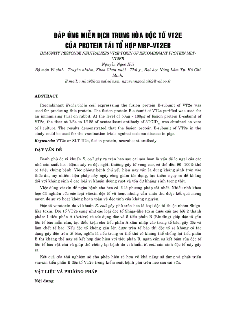 Đáp ứng miễn dịch trung hòa độc tố vt2e của protein tái tổ hợp mbp vt2eb