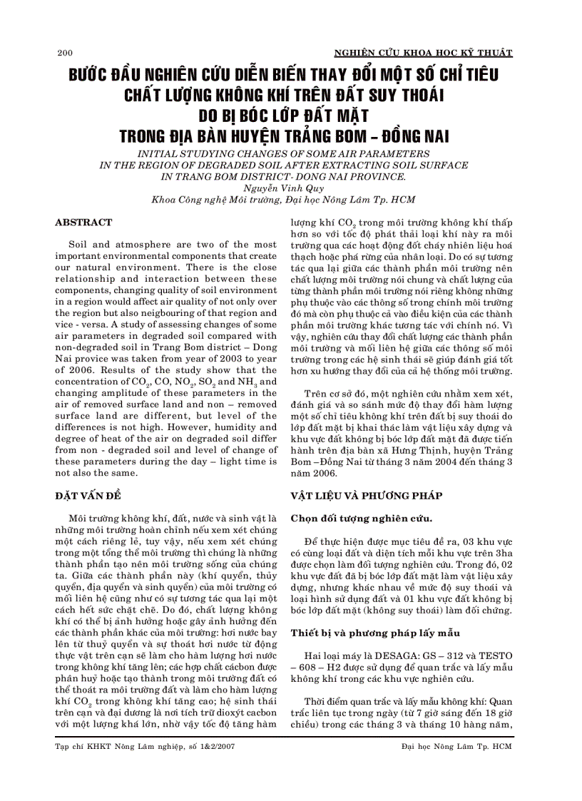 Bước đầu nghiên cứu diễn biến thay đổi một số chỉ tiêu chất lượng không khí trên đất suy thoái do bị bóc lớp đất mặt trong địa bàn huyện trảng bom đồng nai